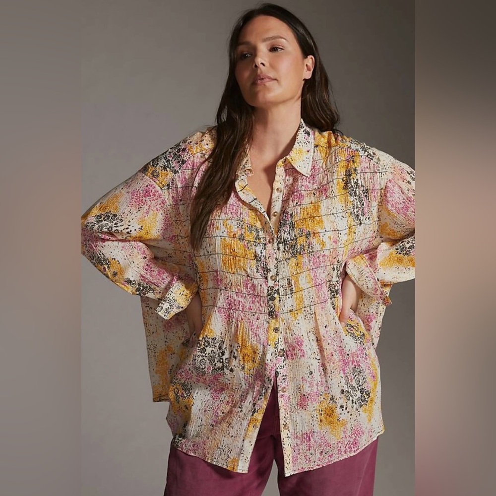 Pilcro Anthropologie Smocked Button-Down Shirt Floral Sz M